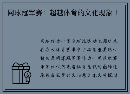 网球冠军赛：超越体育的文化现象 !