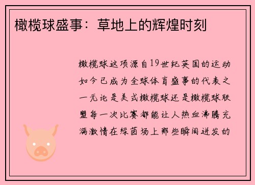 橄榄球盛事：草地上的辉煌时刻